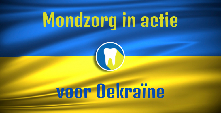 Oekraïense vlag met tekst: Mondzorg in actie voor Oekraïne